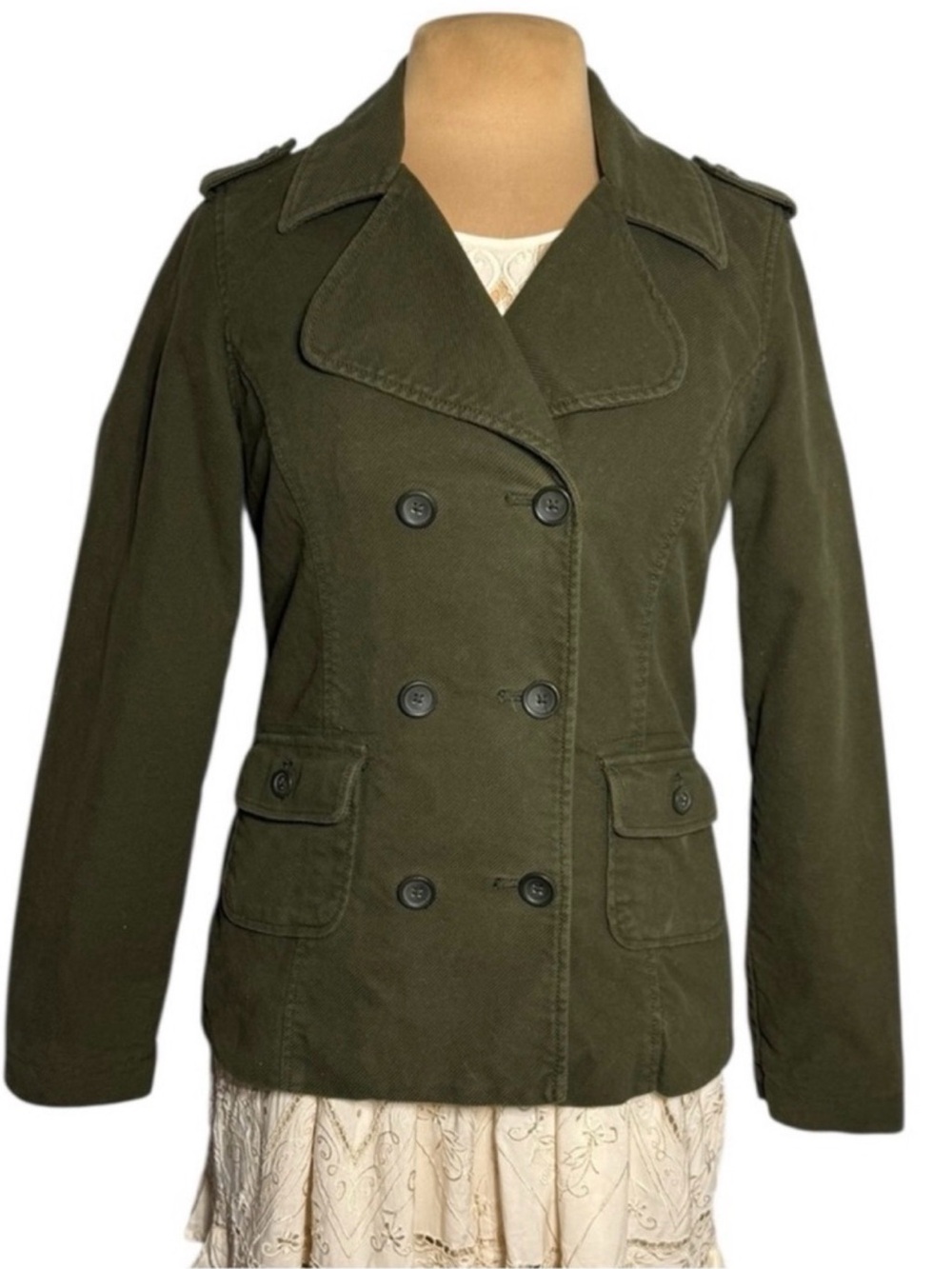 VTG Mossimo Olive Green Double Breasted Military Pea Coat Utility Jacket Y2K M - Picture 2 of 9